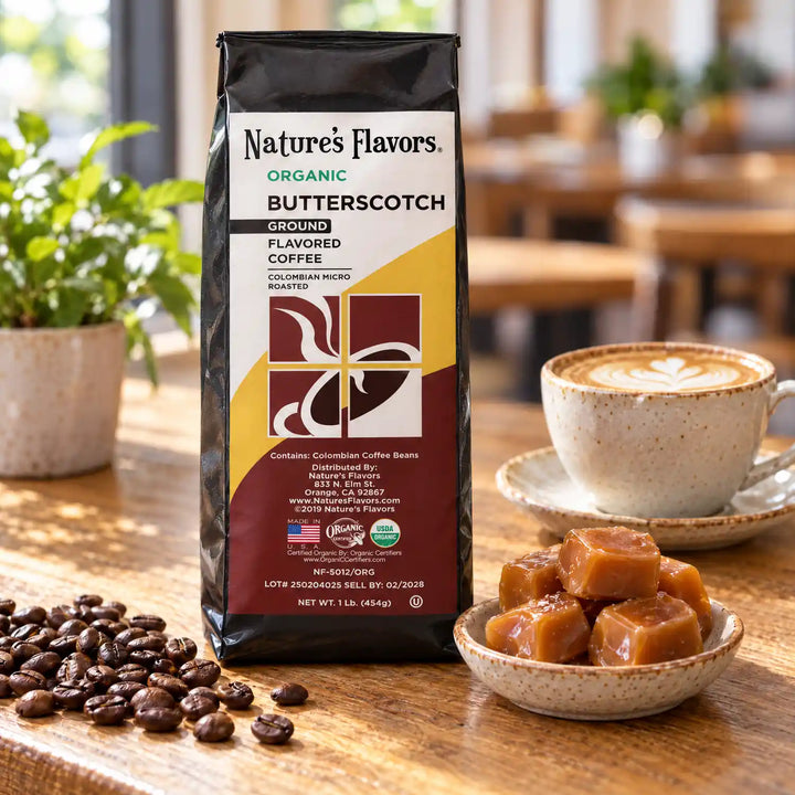 Nature's Flavors Organic Butterscotch Flavored Coffee Beans, 1 lb. Ground, in a bright coffee lifestyle scene.