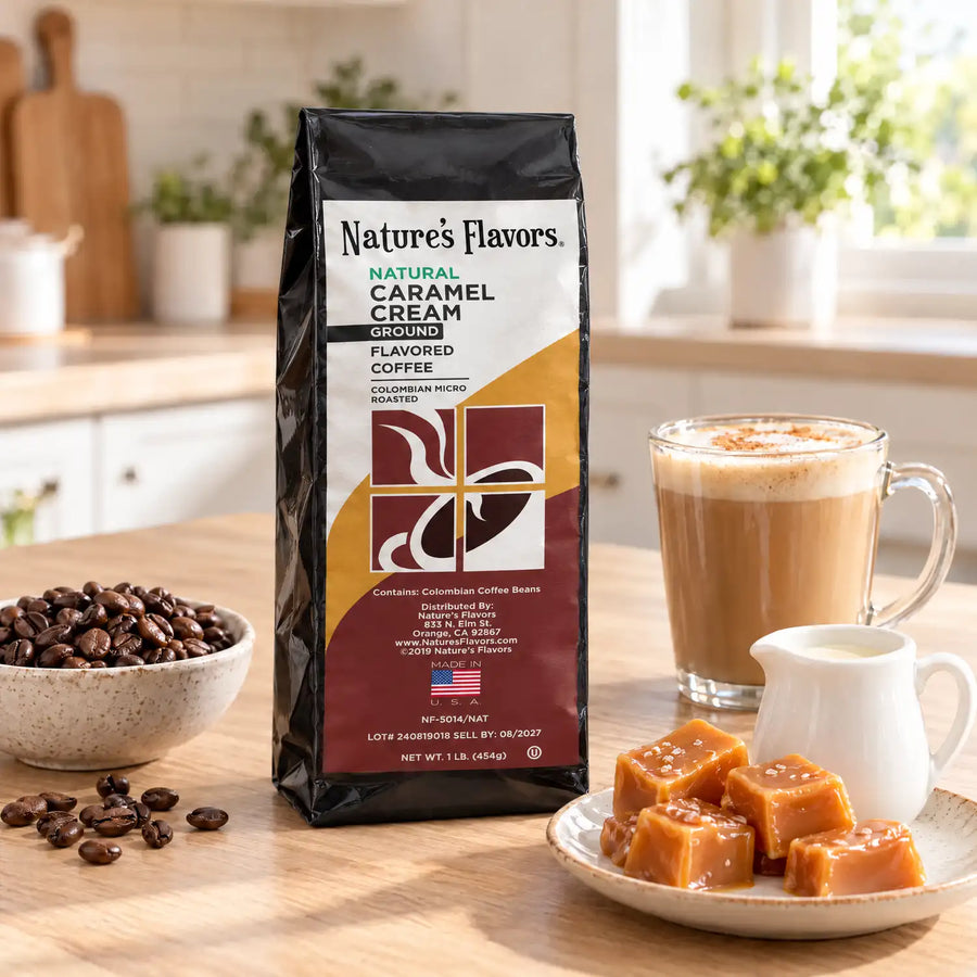 Nature’s Flavors Caramel Cream Flavored Coffee Beans, 1 lb. Ground, in a black labeled bag with whole roasted coffee beans and a filled coffee drink in the retained bright scene.