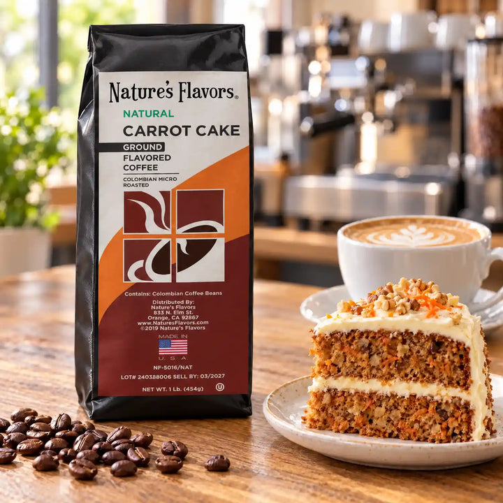 Nature’s Flavors Carrot Cake Flavored Coffee Beans, 1 lb. Ground, in a black labeled bag beside carrot cake, whole roasted coffee beans and a filled coffee drink in a bright coffee scene.