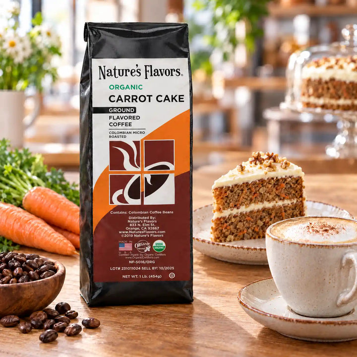 Nature's Flavors Organic Carrot Cake Flavored Coffee Beans, ground coffee package pictured in a bright cafe scene.