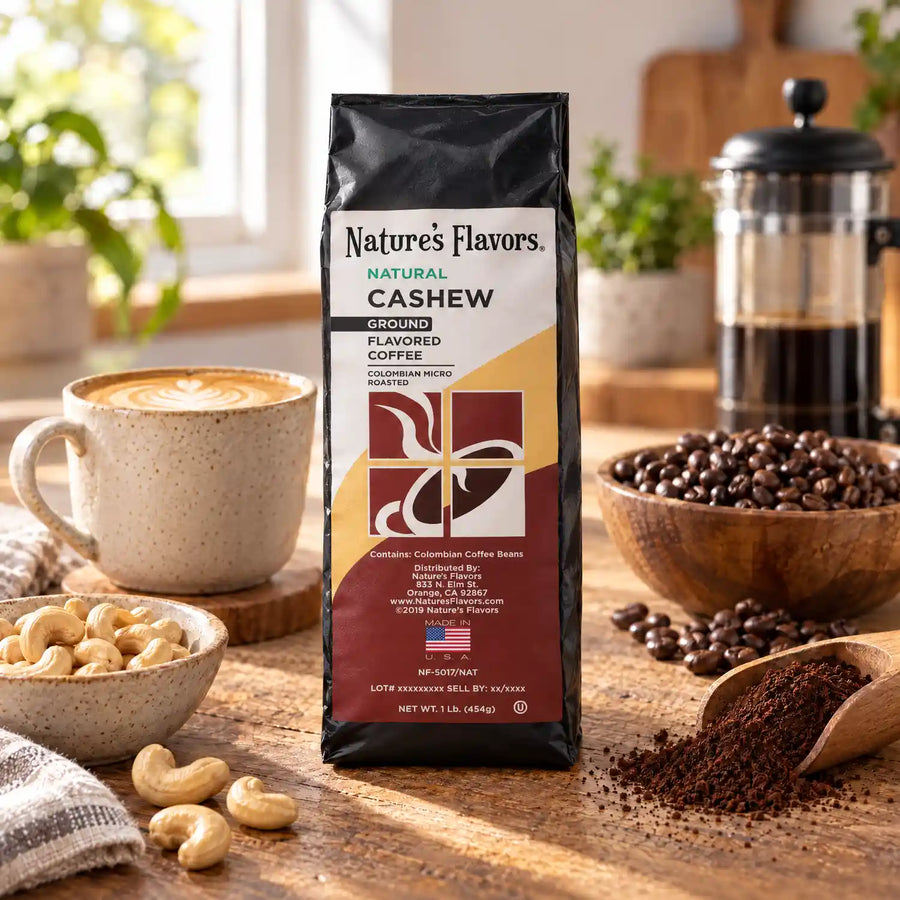 Nature’s Flavors Cashew Flavored Coffee Beans, 1 lb. Ground, beside flavor cues, roasted coffee beans, grounds and a filled coffee drink in a bright lifestyle scene.