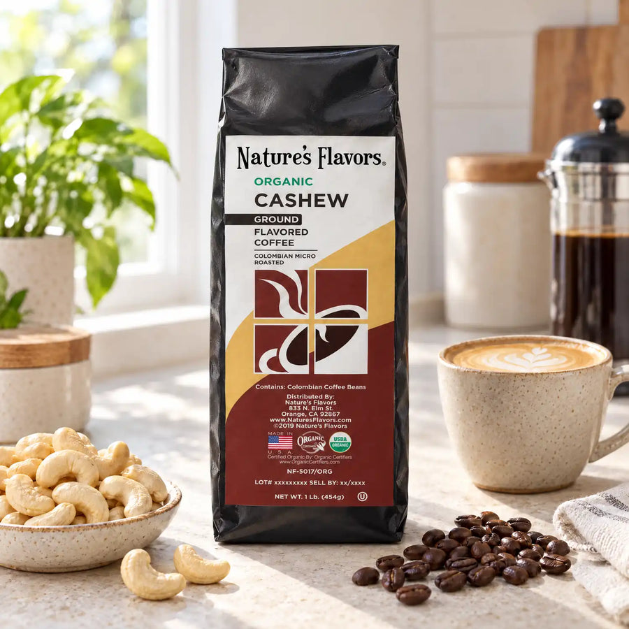 Nature's Flavors Organic Cashew Flavored Coffee Beans, 1 lb. Ground, in a bright coffee lifestyle scene.