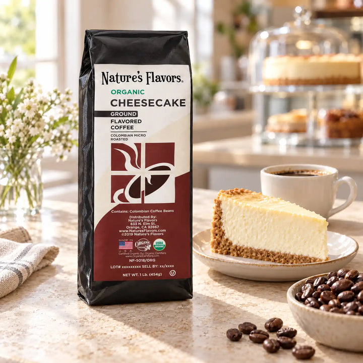 Nature's Flavors Organic Cheesecake Flavored Coffee Beans, 1 lb. Ground, in a bright coffee lifestyle scene.