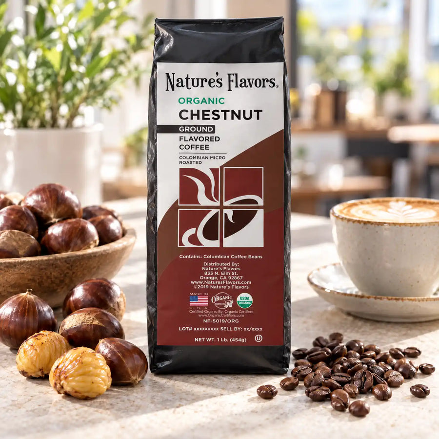 Nature's Flavors Organic Chestnut Flavored Coffee Beans, 1 lb. Ground, in a bright coffee lifestyle scene.