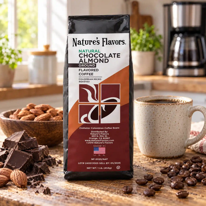 Nature’s Flavors Chocolate Almond Flavored Coffee Beans, 1 lb. Ground, in a black labeled bag with whole roasted coffee beans and a filled coffee drink in a bright rustic kitchen.