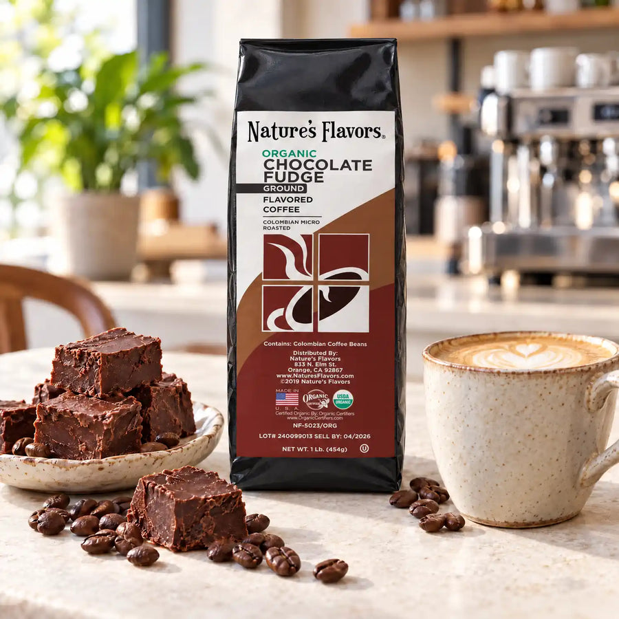 Nature's Flavors Organic Chocolate Fudge Flavored Coffee Beans, 1 lb. Ground, in a bright coffee lifestyle scene.