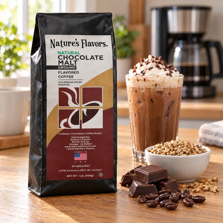 Nature’s Flavors Chocolate Malt Flavored Coffee Beans, 1 lb. Ground, in a black labeled bag beside chocolate and malted barley, whole roasted coffee beans and a filled coffee drink in a bright coffee scene.