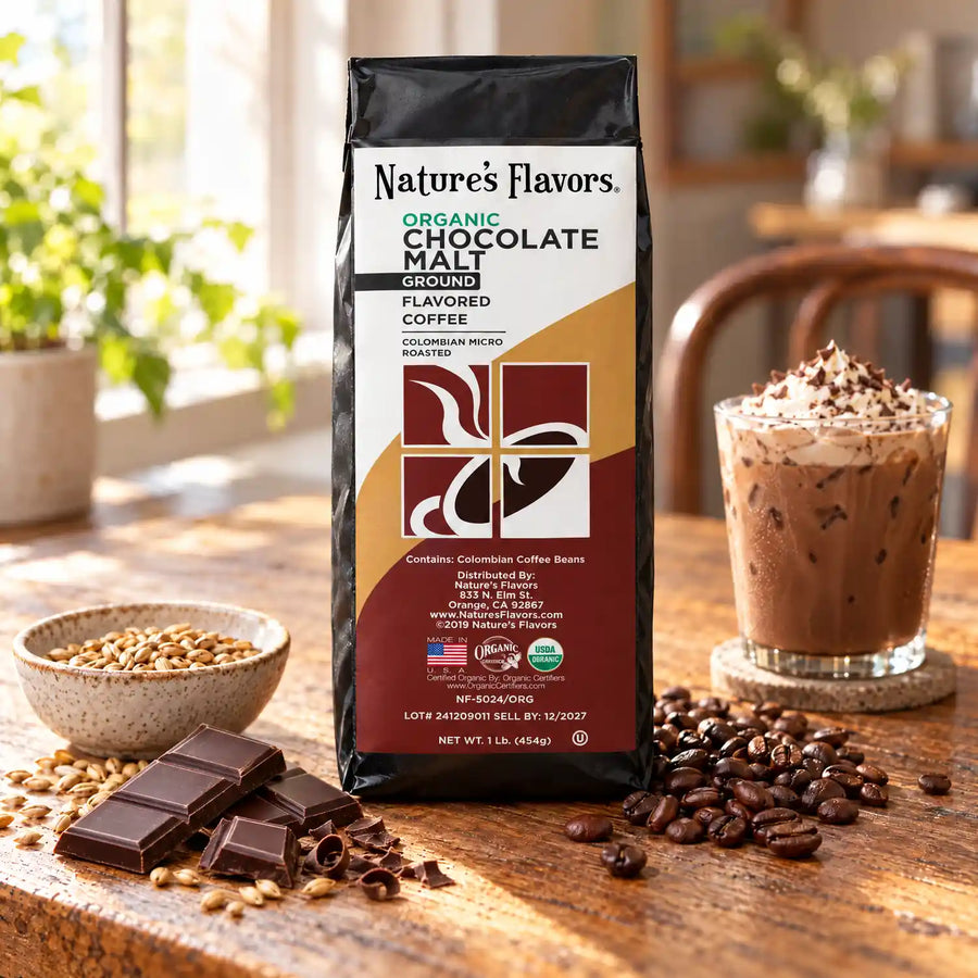 Nature's Flavors Organic Chocolate Malt Flavored Coffee Beans, 1 lb. Ground, in a bright coffee lifestyle scene.