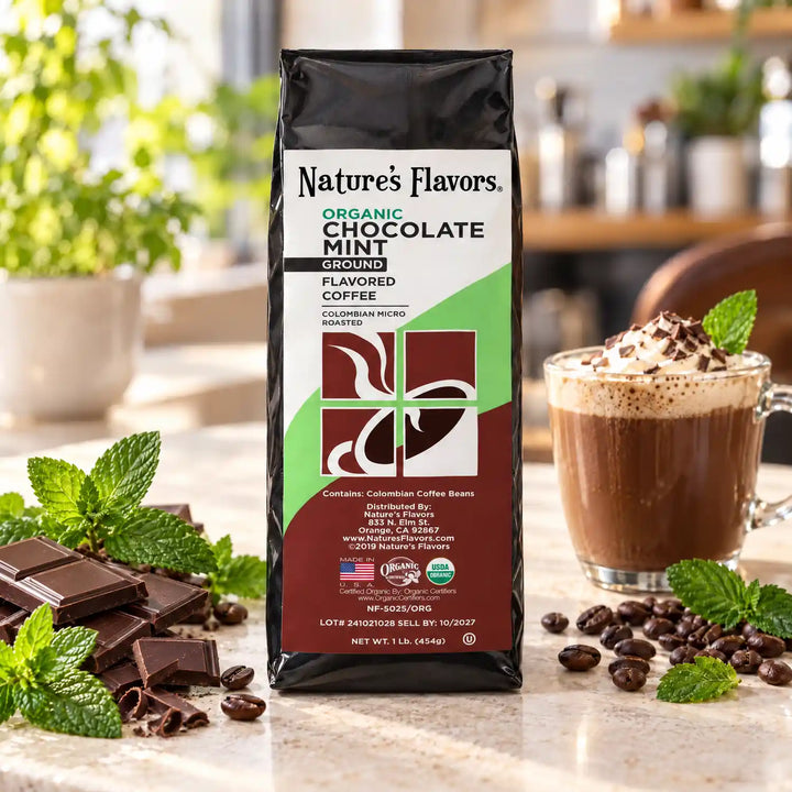 Nature's Flavors Organic Chocolate Mint Flavored Coffee Beans, 1 lb. Ground, in a bright coffee lifestyle scene.
