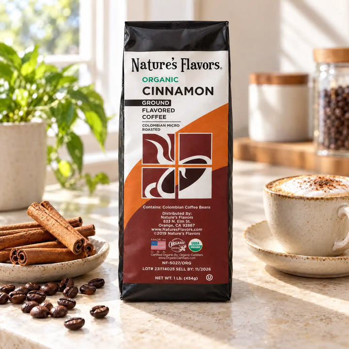 Nature's Flavors Organic Cinnamon Flavored Coffee Beans, 1 lb. Ground, in a bright coffee lifestyle scene.