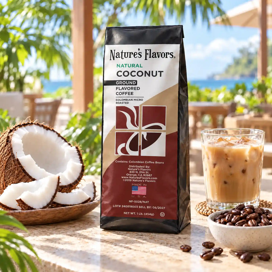 Nature’s Flavors Coconut Flavored Coffee Beans, 1 lb. Ground, in a black labeled bag with whole roasted coffee beans and a filled coffee drink in an open outdoor cafe.