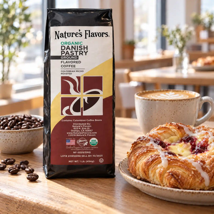 Nature's Flavors Organic Danish Pastry Flavored Coffee Beans, 1 lb. Ground, in a bright coffee lifestyle scene.