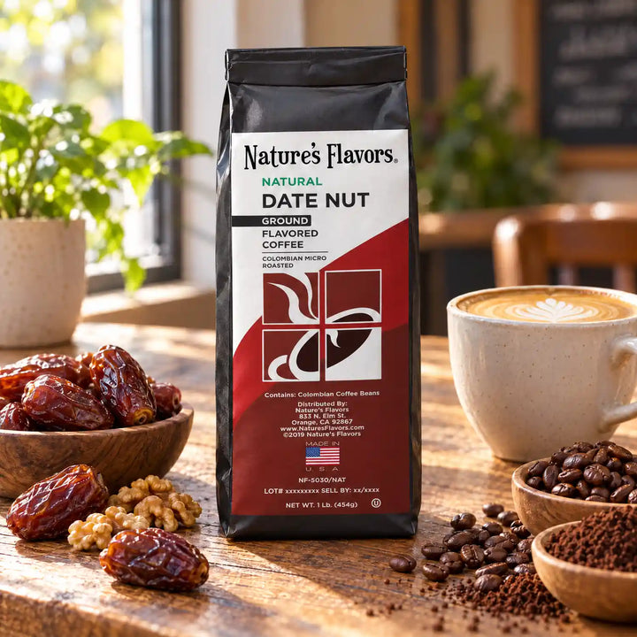 Nature’s Flavors Date Nut Flavored Coffee Beans, 1 lb. Ground, beside flavor cues, roasted coffee beans, grounds and a filled coffee drink in a bright lifestyle scene.