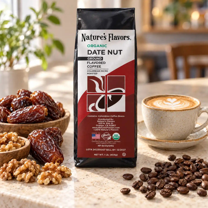 Nature's Flavors Organic Date Nut Flavored Coffee Beans, 1 lb. Ground, in a bright coffee lifestyle scene.