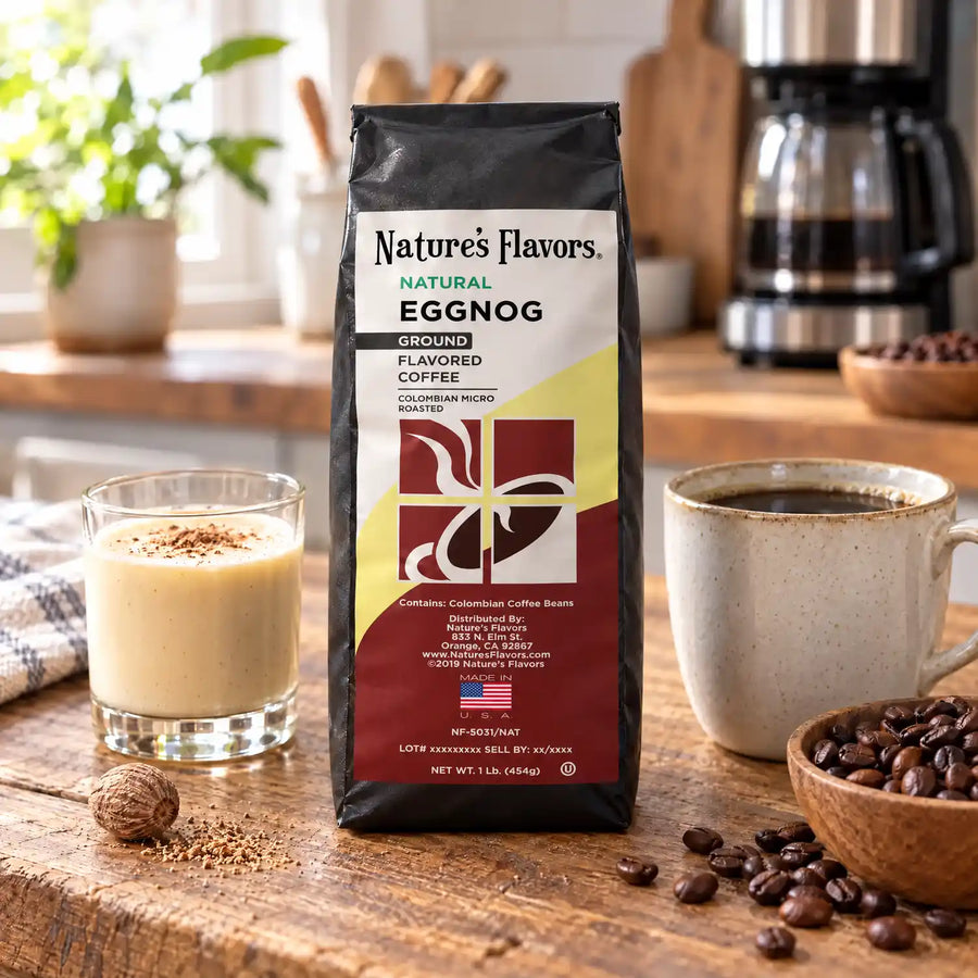 Nature’s Flavors Eggnog Flavored Coffee Beans, 1 lb. Ground, in a black labeled bag with whole roasted coffee beans and a filled coffee drink in a bright rustic kitchen.