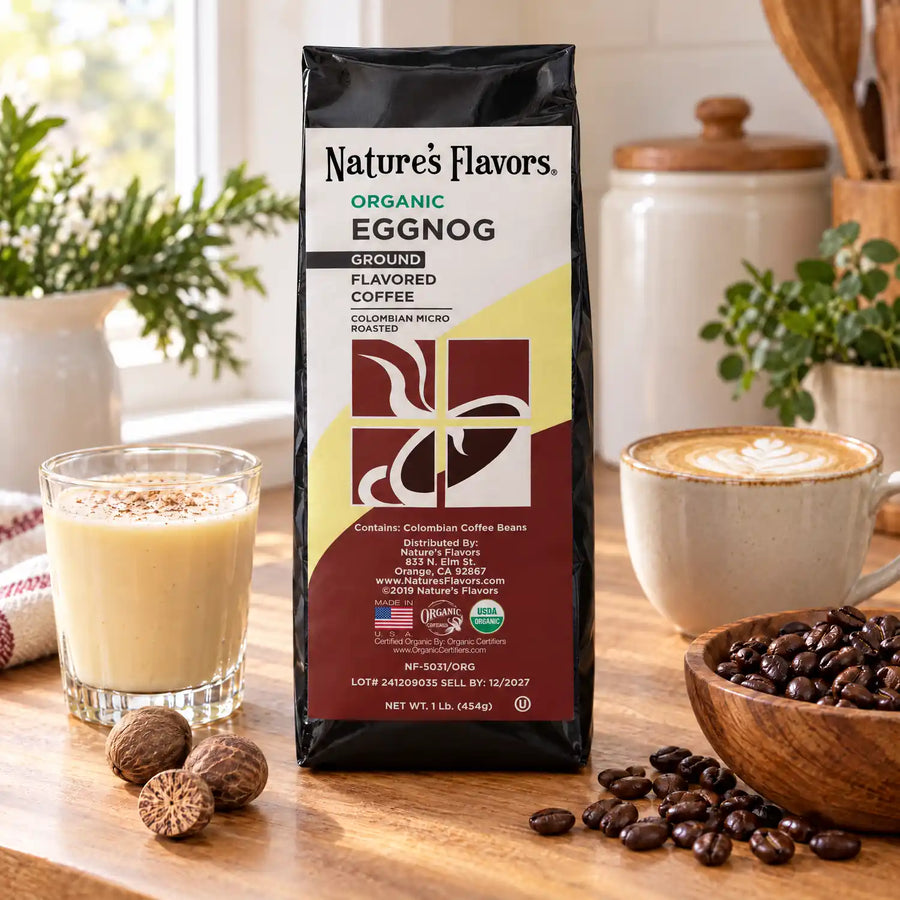 Nature's Flavors Organic Eggnog Flavored Coffee Beans, 1 lb. Ground, in a bright coffee lifestyle scene.