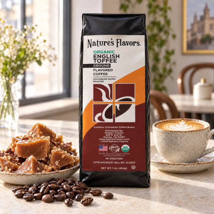 Nature's Flavors Organic English Toffee Flavored Coffee Beans, 1 lb. Ground, in a bright coffee lifestyle scene.