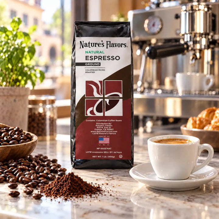 Nature’s Flavors Espresso Coffee Beans, 1 lb. Ground, beside flavor cues, roasted coffee beans, grounds and a filled coffee drink in a bright lifestyle scene.