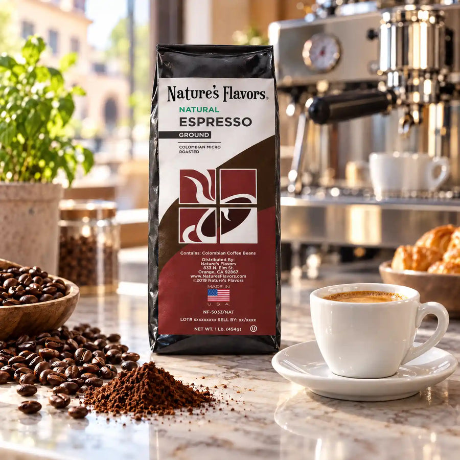 Nature’s Flavors Espresso Coffee Beans, 1 lb. Ground, beside flavor cues, roasted coffee beans, grounds and a filled coffee drink in a bright lifestyle scene.