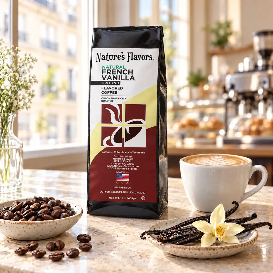 Nature’s Flavors French Vanilla Flavored Coffee Beans, 1 lb. Ground, in a black labeled bag with whole roasted coffee beans and a filled coffee drink in the retained bright scene.