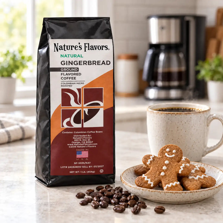 Nature’s Flavors Gingerbread Flavored Coffee Beans, 1 lb. Ground, in a black labeled bag beside gingerbread cookies, whole roasted coffee beans and a filled coffee drink in a bright coffee scene.