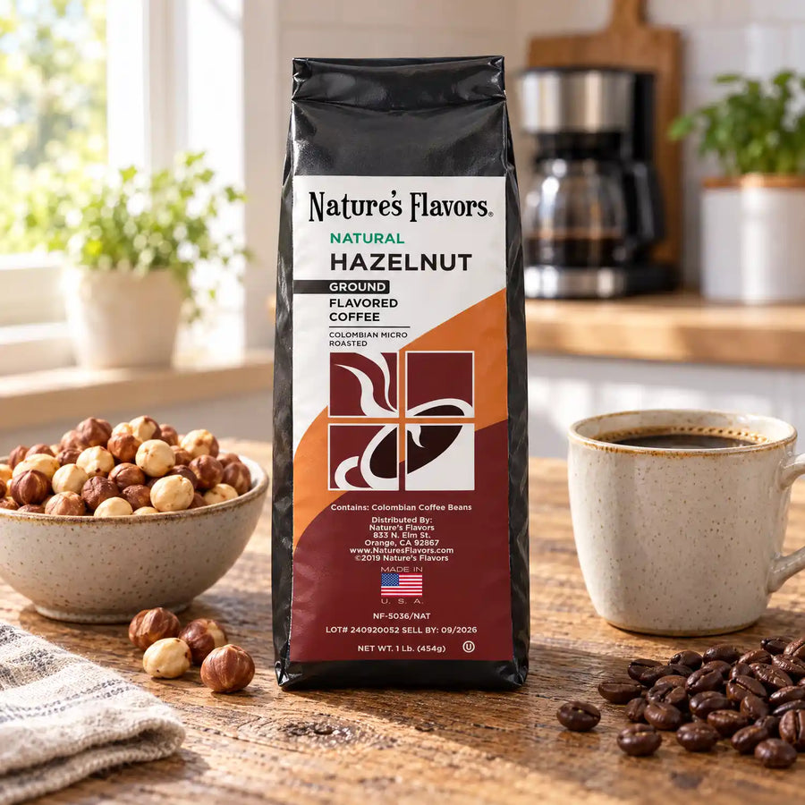 Nature’s Flavors Natural Hazelnut Flavored Coffee Beans, 1 lb. Ground, in a black labeled bag with whole roasted coffee beans and a filled coffee drink in a bright rustic kitchen.