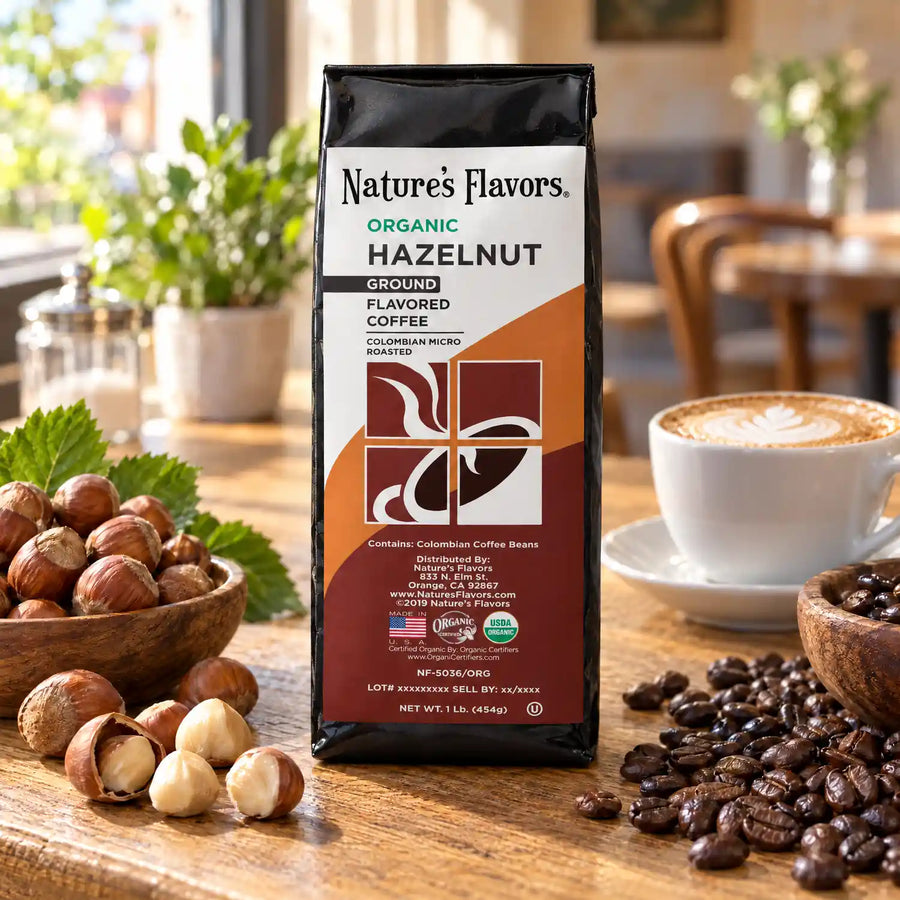 Nature's Flavors Organic Hazelnut Flavored Coffee Beans, 1 lb. Ground, in a bright coffee lifestyle scene.