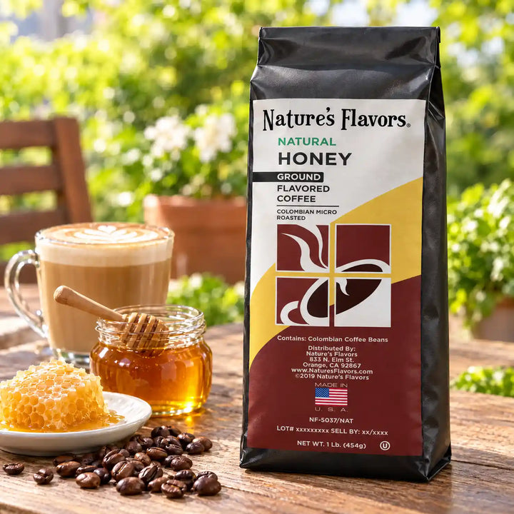 Nature’s Flavors Natural Honey Ground Flavored Coffee, 1 lb bag, beside a latte, honey jar, honeycomb, and coffee beans.