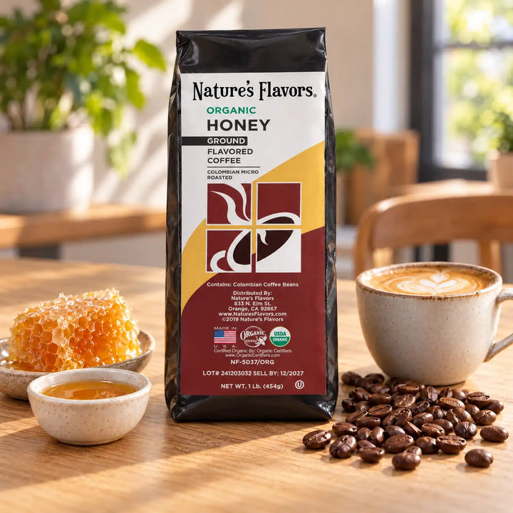 Nature's Flavors Organic Honey Flavored Coffee Beans, 1 lb. Ground, in a bright coffee lifestyle scene.