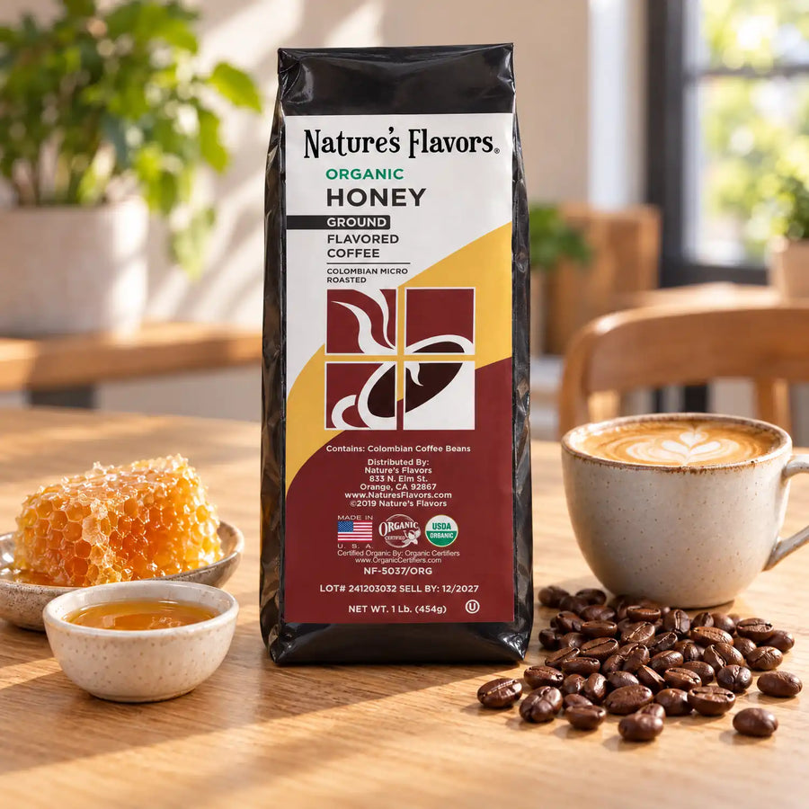Nature's Flavors Organic Honey Flavored Coffee Beans, 1 lb. Ground, in a bright coffee lifestyle scene.