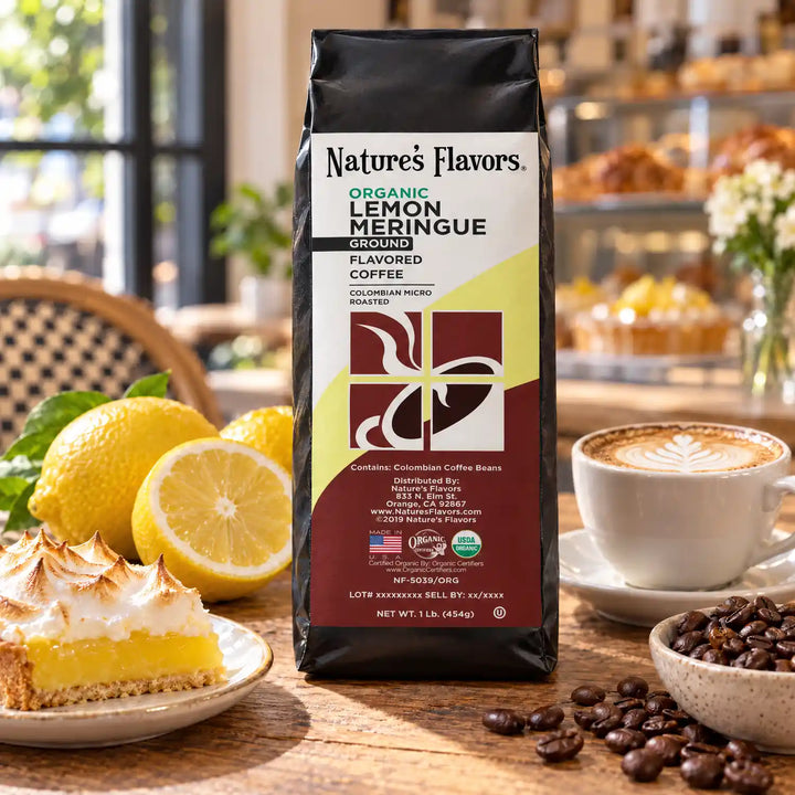 Nature's Flavors Organic Lemon Meringue Flavored Coffee Beans, 1 lb. Ground, in a bright coffee lifestyle scene.