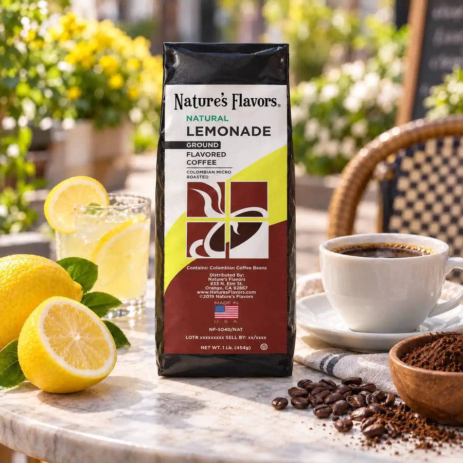 Nature’s Flavors Lemonade Flavored Coffee Beans, 1 lb. Ground, beside flavor cues, roasted coffee beans, grounds and a filled coffee drink in a bright lifestyle scene.