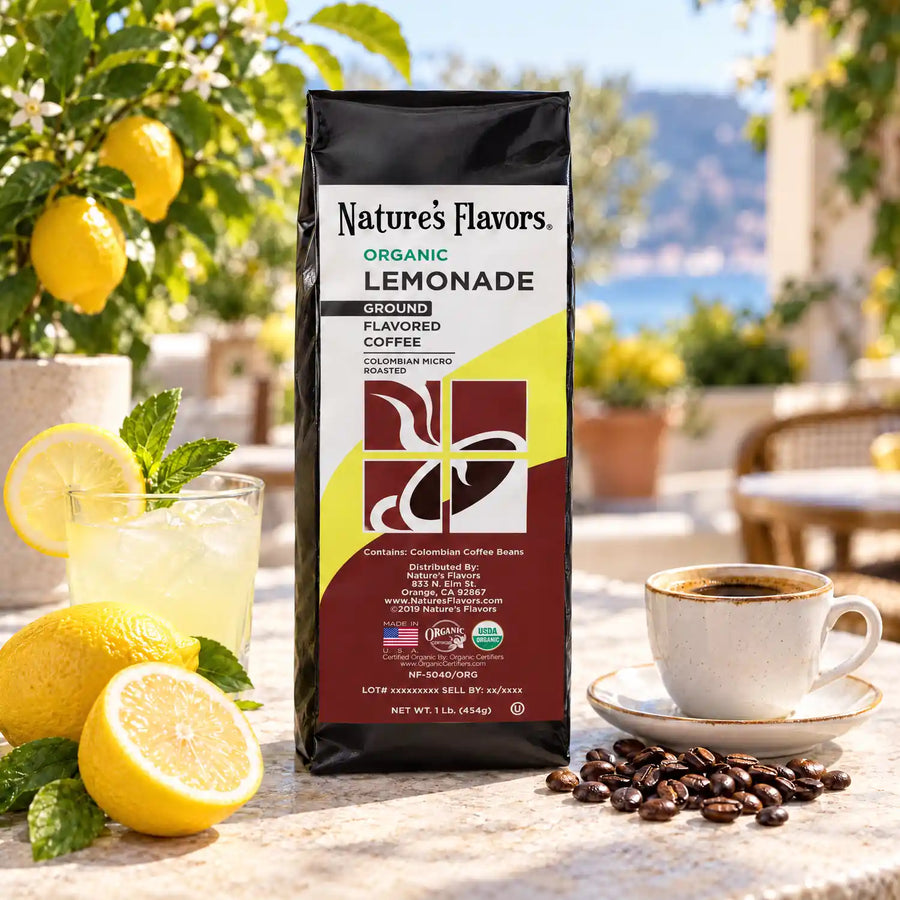 Nature's Flavors Organic Lemonade Flavored Coffee Beans, 1 lb. Ground, in a bright coffee lifestyle scene.