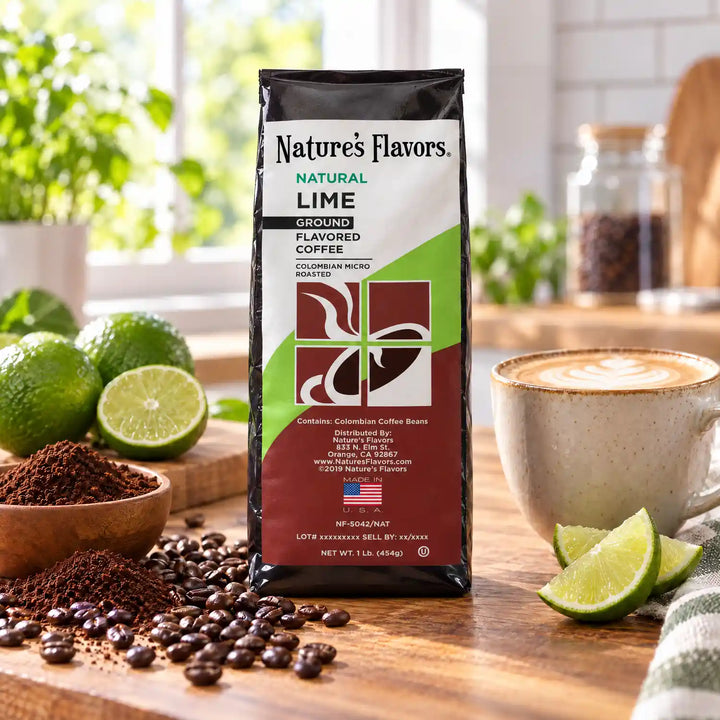 Nature’s Flavors Lime Flavored Coffee Beans, 1 lb. Ground, beside flavor cues, roasted coffee beans, grounds and a filled coffee drink in a bright lifestyle scene.