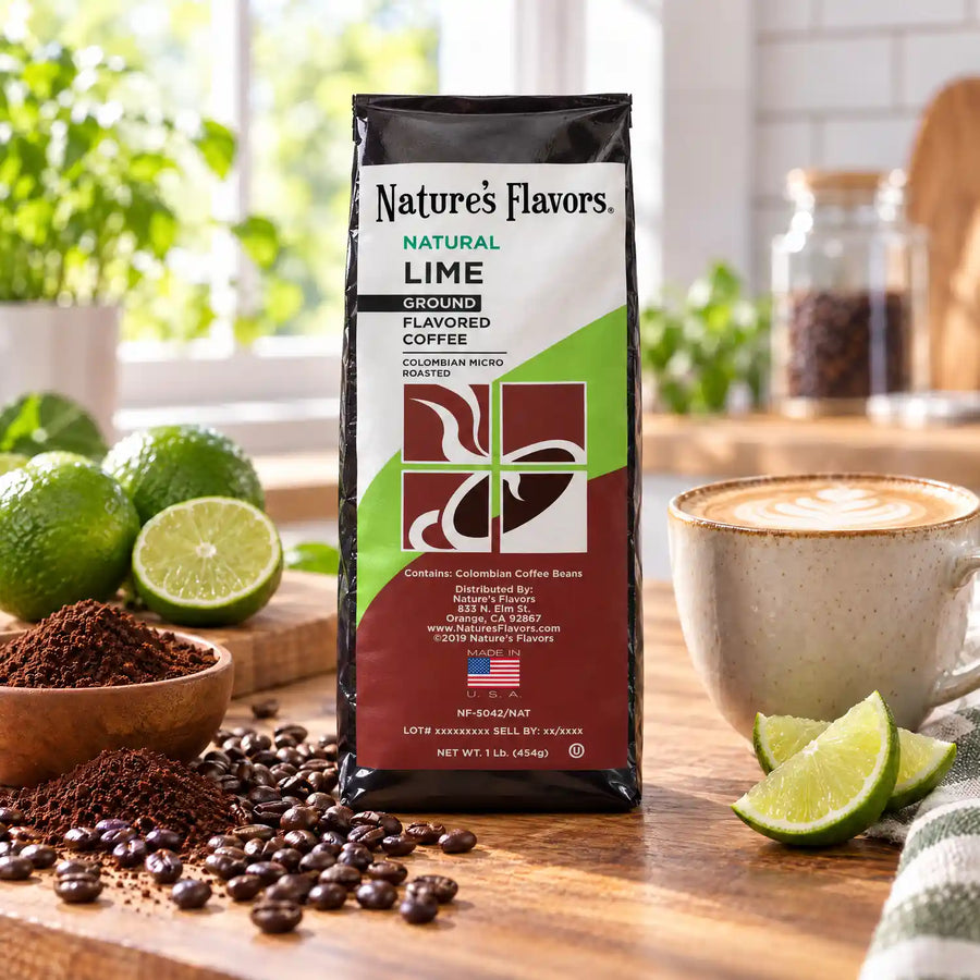 Nature’s Flavors Lime Flavored Coffee Beans, 1 lb. Ground, beside flavor cues, roasted coffee beans, grounds and a filled coffee drink in a bright lifestyle scene.