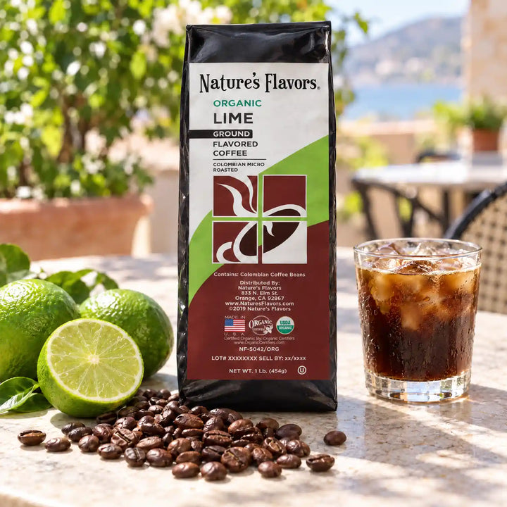 Nature's Flavors Organic Lime Flavored Coffee Beans, 1 lb. Ground, in a bright coffee lifestyle scene.