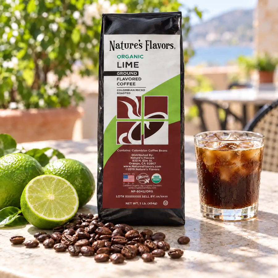 Nature's Flavors Organic Lime Flavored Coffee Beans, 1 lb. Ground, in a bright coffee lifestyle scene.