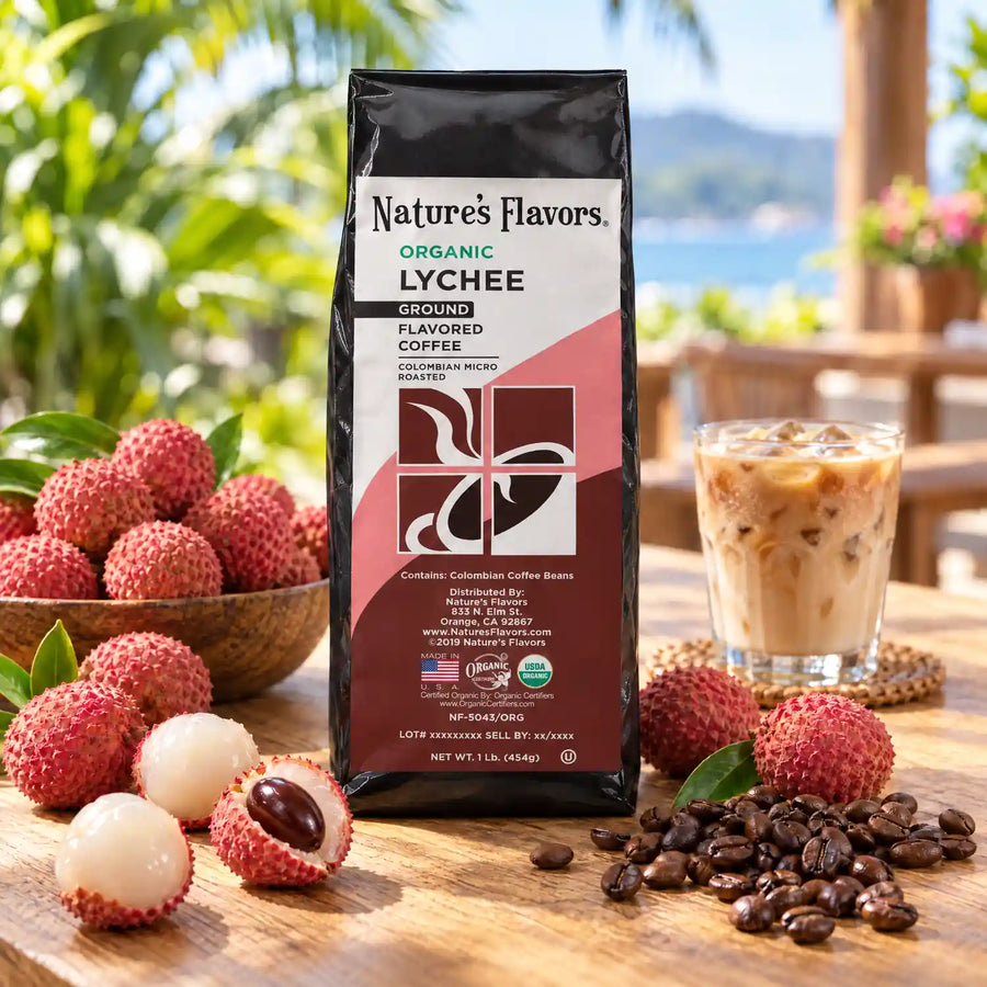 Nature's Flavors Organic Lychee Flavored Coffee Beans, 1 lb. Ground, in a bright coffee lifestyle scene.