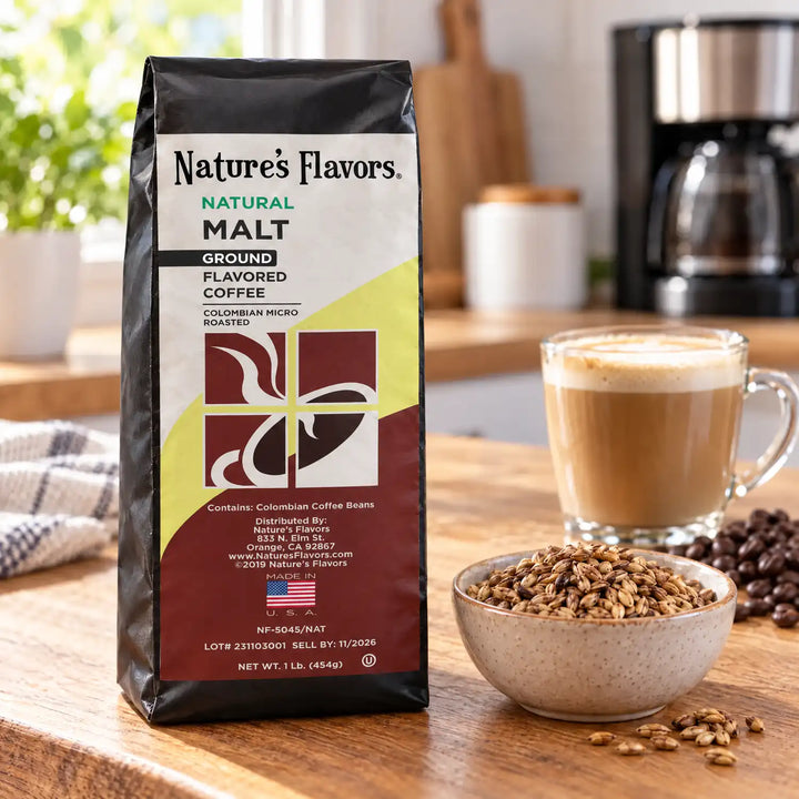 Nature’s Flavors Malt Flavored Coffee Beans, 1 lb. Ground, in a black labeled bag beside malted barley, whole roasted coffee beans and a filled coffee drink in a bright coffee scene.