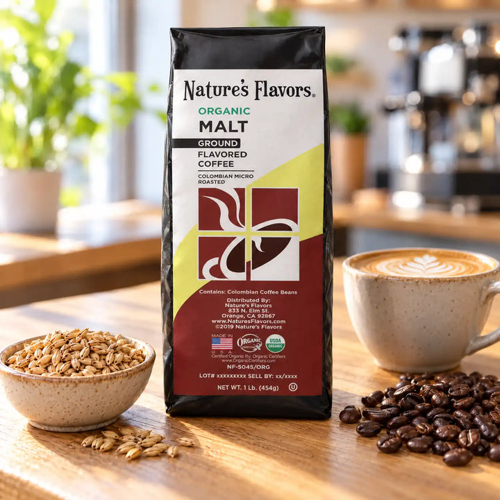 Nature's Flavors Organic Malt Flavored Coffee Beans, 1 lb. Ground, in a bright coffee lifestyle scene.