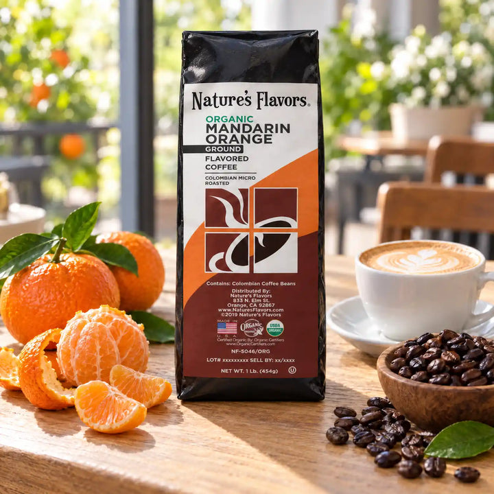 Nature's Flavors Organic Mandarin Orange Flavored Coffee Beans, 1 lb. Ground, in a bright coffee lifestyle scene.