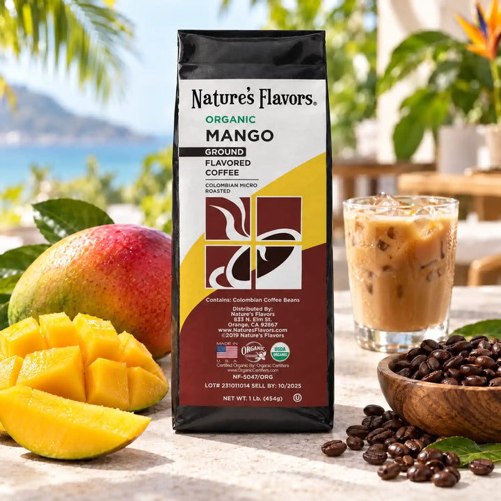 Nature's Flavors Organic Mango Flavored Coffee Beans, 1 lb. Ground, in a bright coffee lifestyle scene.