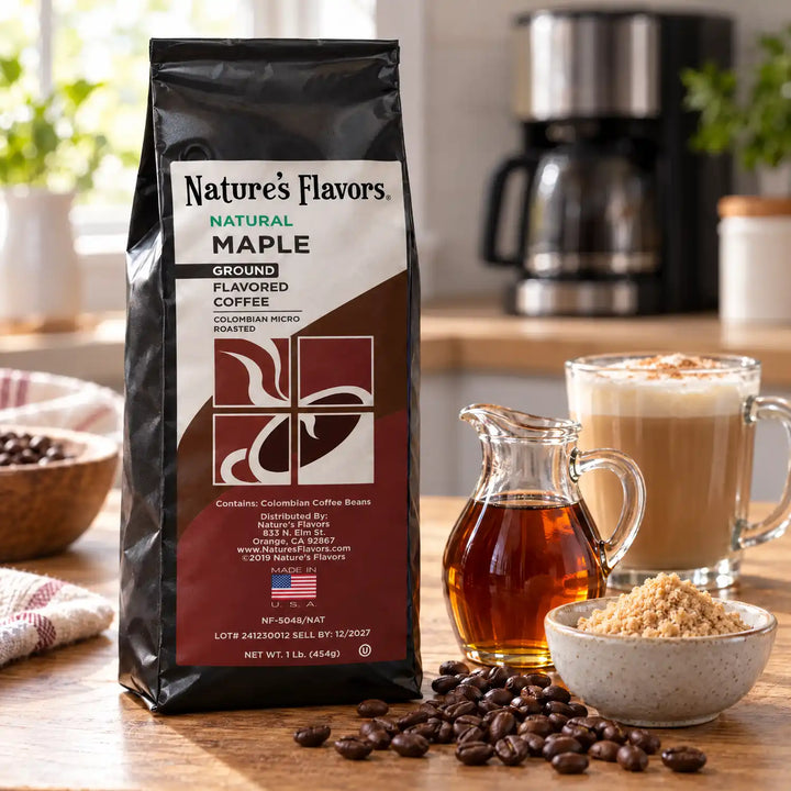 Nature’s Flavors Maple Flavored Coffee Beans, 1 lb. Ground, in a black labeled bag beside maple syrup and maple sugar, whole roasted coffee beans and a filled coffee drink in a bright coffee scene.