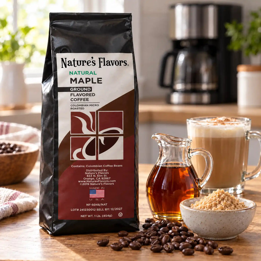 Nature’s Flavors Maple Flavored Coffee Beans, 1 lb. Ground, in a black labeled bag beside maple syrup and maple sugar, whole roasted coffee beans and a filled coffee drink in a bright coffee scene.