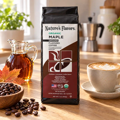 Nature's Flavors Organic Maple Flavored Coffee Beans, 1 lb. Ground, in a bright coffee lifestyle scene.