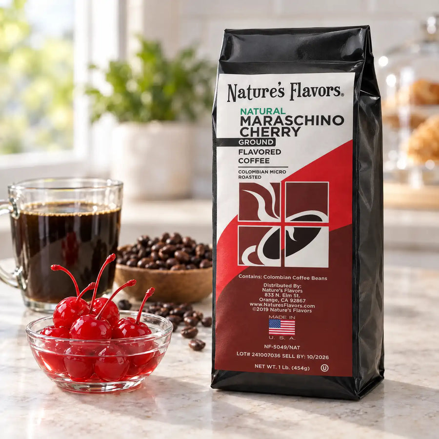 Nature’s Flavors Maraschino Cherry Flavored Coffee Beans, 1 lb. Ground, in a black labeled bag beside maraschino cherries, whole roasted coffee beans and a filled coffee drink in a bright coffee scene.