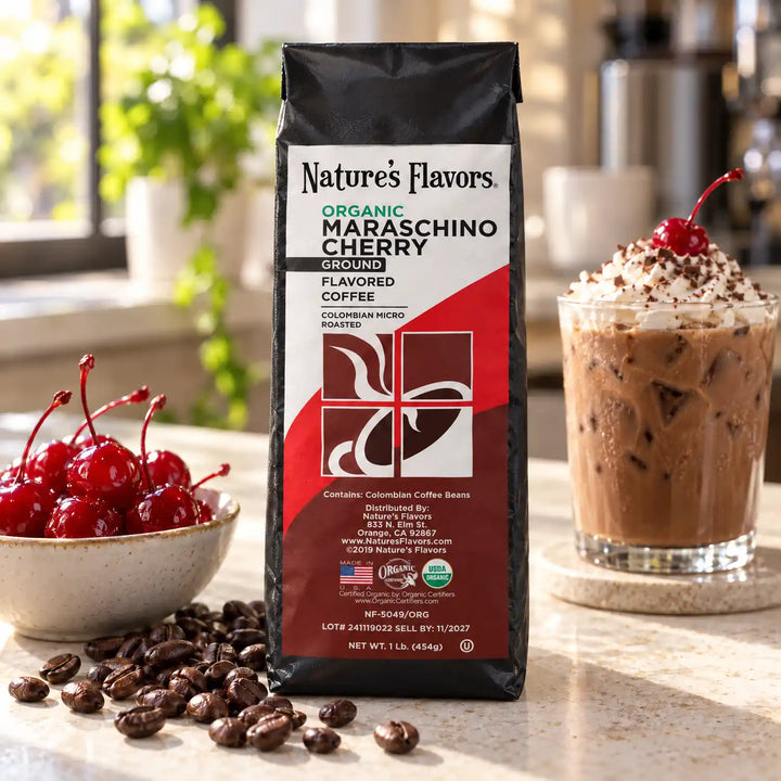 Nature's Flavors Organic Maraschino Cherry Flavored Coffee Beans, 1 lb. Ground, in a bright coffee lifestyle scene.