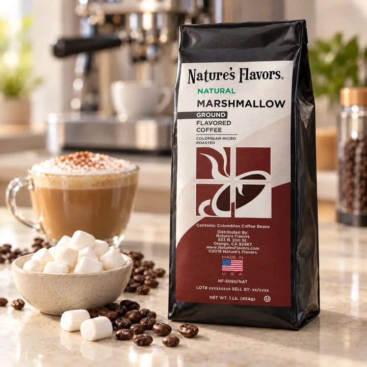 Nature’s Flavors Marshmallow Flavored Coffee Beans, 1 lb. Ground, in a black labeled bag beside marshmallows, whole roasted coffee beans and a filled coffee drink in a bright coffee scene.