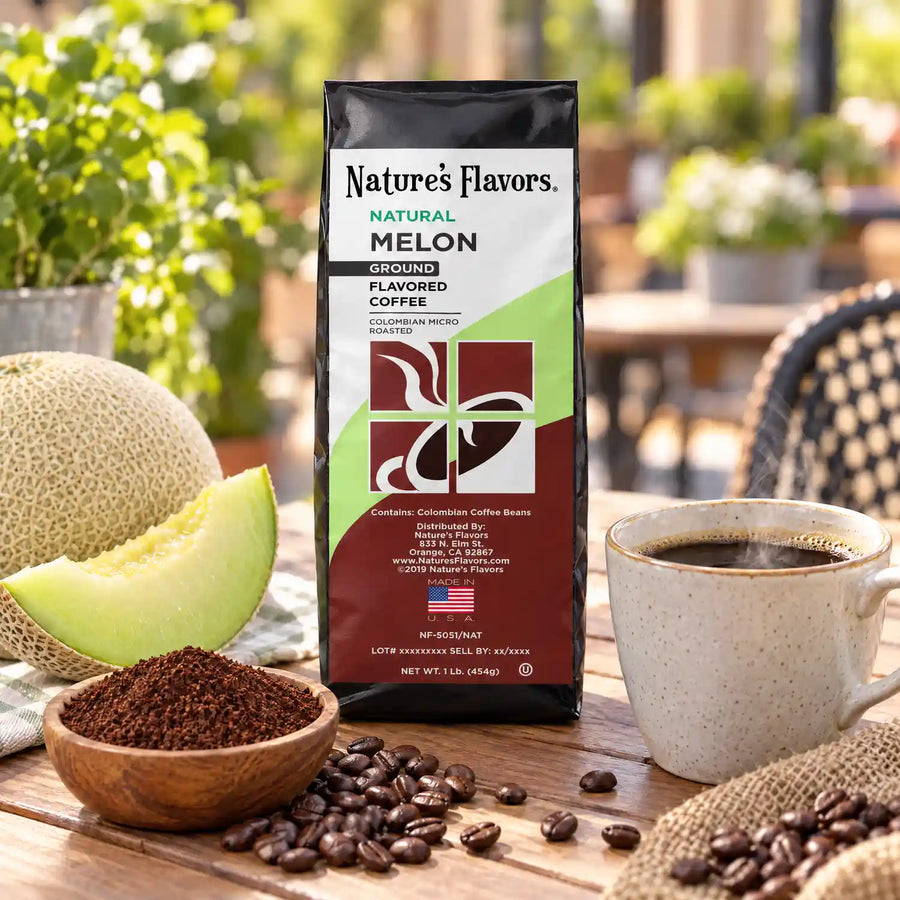 Nature’s Flavors Melon Flavored Coffee Beans, 1 lb. Ground, beside flavor cues, roasted coffee beans, grounds and a filled coffee drink in a bright lifestyle scene.
