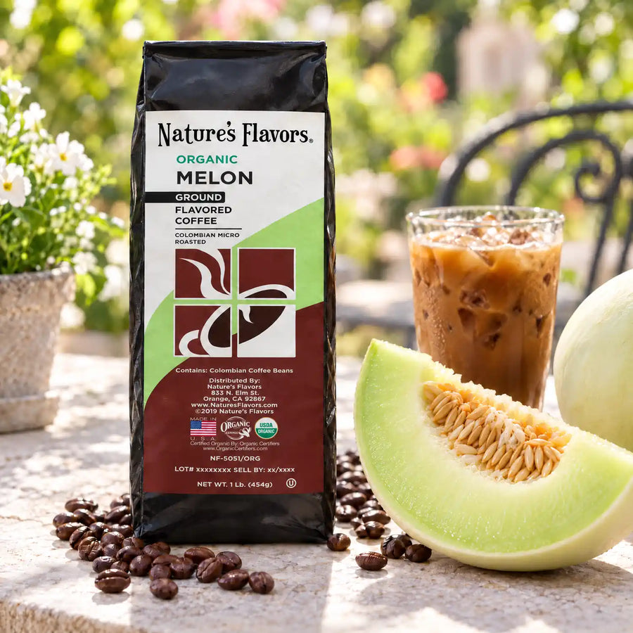 Nature's Flavors Organic Melon Flavored Coffee Beans, 1 lb. Ground, beside honeydew melon, whole coffee beans and iced coffee.